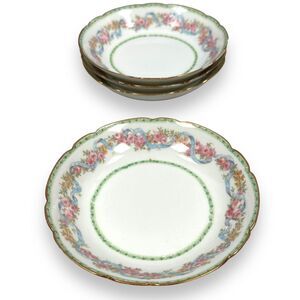 Vintage Limoges Bowl CFH GDM Lot of 4 Floral Gold Rim Round France White Green